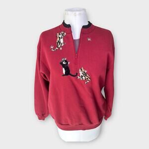Vintage Top Stitch Cat 3/4 zip Sweatshirt Women's Large L Red Grandmacore 90s